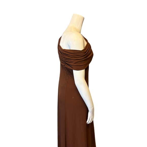 ELOQUII On or Off Shoulder Brown Maxi Dress Ruched Stretch Knit, Plus 18 - Picture 8 of 16